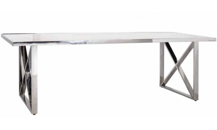 Table de salle à manger ultra design en acier inoxydable silver poli et marbre blanc