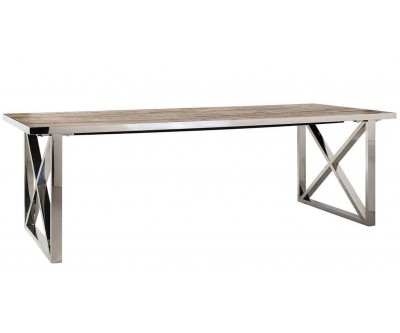 Table de salle à manger ultra design en acier inoxydable silver vieux bois d'orme Naturel RENO