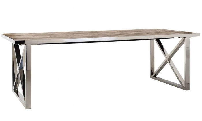 Table de salle à manger ultra design en acier inoxydable silver vieux bois d'orme Naturel RENO