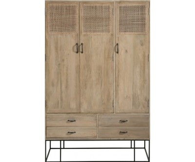 Armoire 3 Portes + 4 Tiroirs Rotin Tisse Bois De Manguier Naturel