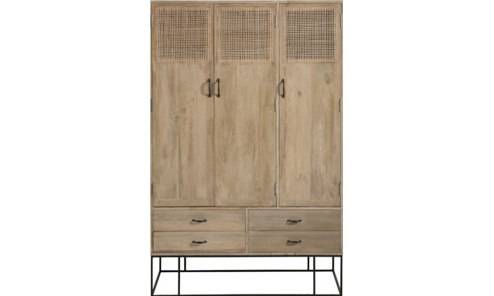 Armoire 3 Portes + 4 Tiroirs Rotin Tisse Bois De Manguier Naturel