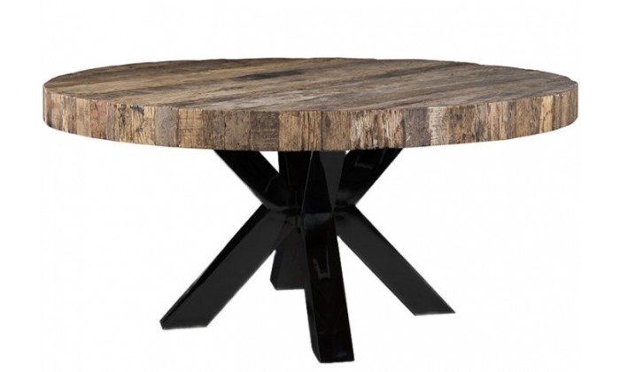 Table de salle à manger rond ultra design en acier noir silver et plateau bois massif CALIMERA-2