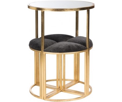 Table + 4 Chaises Metal/Textile Or/Noir