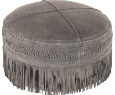 Pouf Franges Rond Cuir Gris