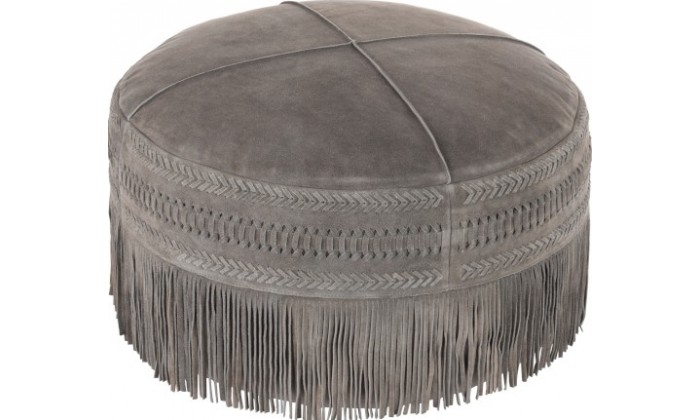 Pouf Franges Rond Cuir Gris