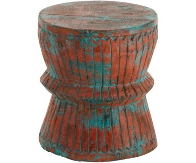 Tabouret Oriental Bois De Manguier Azur/Orange