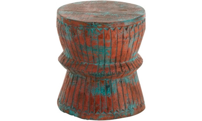 Tabouret Oriental Bois De Manguier Azur/Orange