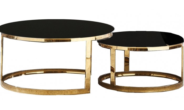 Set de 2 table basse design acier inoxydable gold rond plateau avec marbre ou en verre au choix DANIELLO