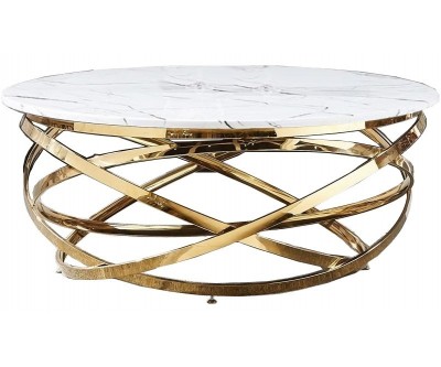 Table basse design acier inoxydable gold rond plateau avec marbre ou en verre au choix CALIMERA