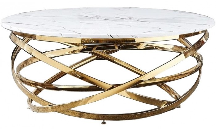 Table basse design acier inoxydable gold rond plateau avec marbre ou en verre au choix CALIMERA