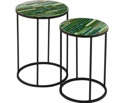 Set De 2 Tables Gigognes Feuilles Mosaique Metal/Verre Noir/Taupe