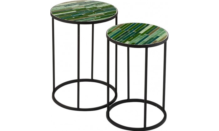 Set De 2 Tables Gigognes Feuilles Mosaique Metal/Verre Noir/Taupe