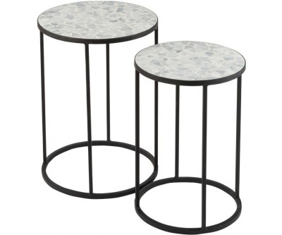 Set De 2 Tables Gigognes Etoile Mosaique Metal/Verre Noir/Blanc