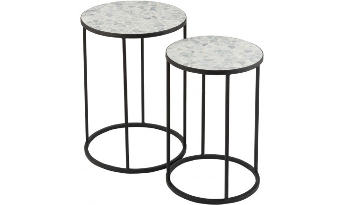 Set De 2 Tables Gigognes Etoile Mosaique Metal/Verre Noir/Blanc