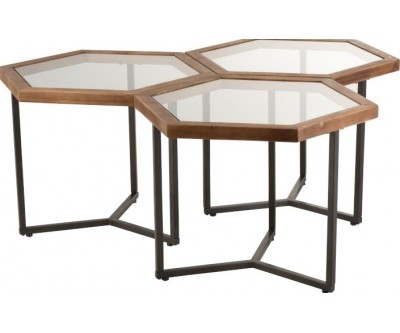 Set De 3 Tables D'appoint Hexagone Verre/Bois Marron