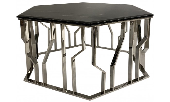 Table basse design acier inoxydable silver rond plateau avec marbre ou en verre au choix REFLUX