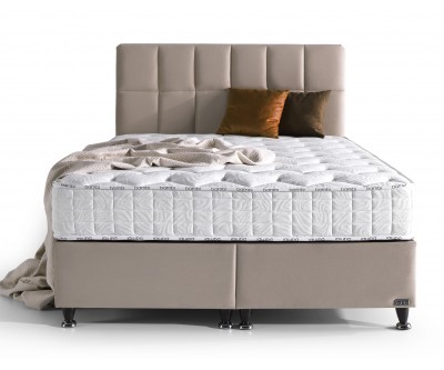 Lit box literie boxspring avecmatelas et rangement complete en tissu beige Golden PRIME