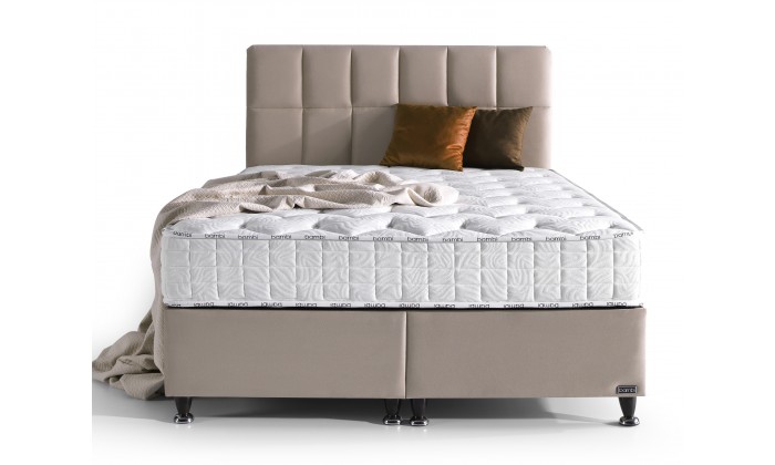 Lit box literie boxspring avecmatelas et rangement complete en tissu beige Golden PRIME