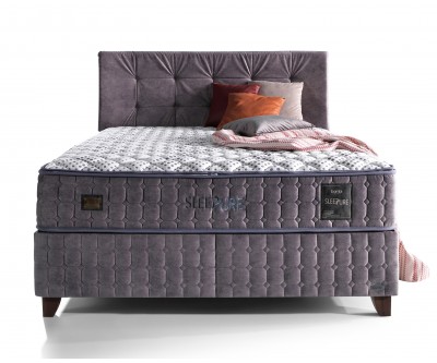 Lit box literie boxspring avec matelas et rangement complete en tissu gris Sleep PURE