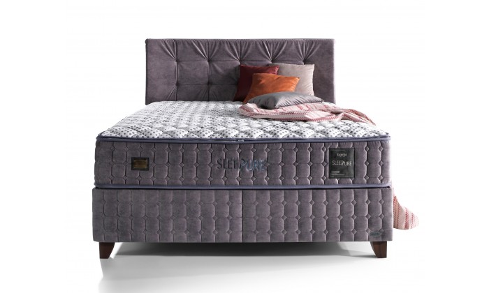 Lit box literie boxspring avec matelas et rangement complete en tissu gris Sleep PURE