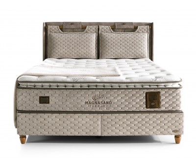 Lit box literie boxspring avec matelas et rangement complete en tissu brun Magnasand THERAPY