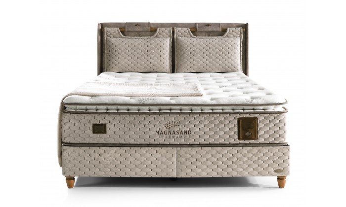 Lit box literie boxspring avec matelas et rangement complete en tissu brun Magnasand THERAPY