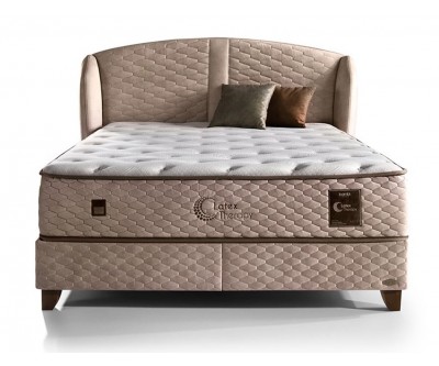 Lit box literie boxspring avec matelas et rangement complete en tissu cream Latex THERAPY