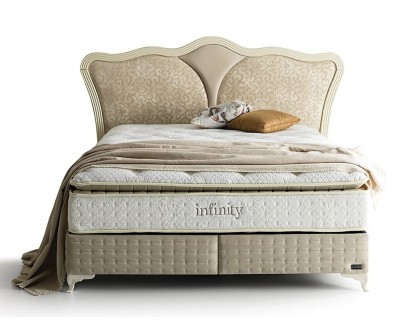 Lit box literie boxspring avec matelas et rangement complete en tissu cream Infinity