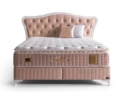 Lit box literie boxspring avec matelas et rangement complete en tissu rose Visco LUX