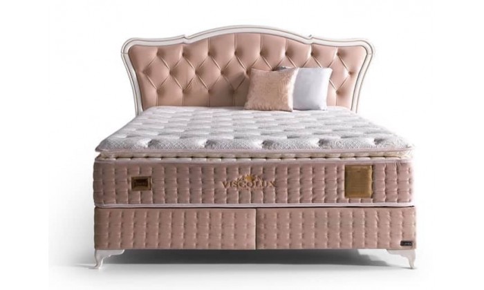 Lit box literie boxspring avec matelas et rangement complete en tissu rose Visco LUX