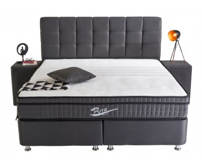 Lit box literie boxspring avec matelas pocket et coffre rangement complete en tissu gris RITZ