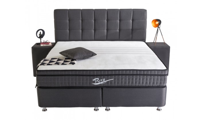 Lit box literie boxspring avec matelas pocket et coffre rangement complete en tissu gris RITZ