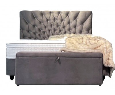 Lit box literie boxspring avec matelas pocket et coffre rangement complete en tissu beige MILAN