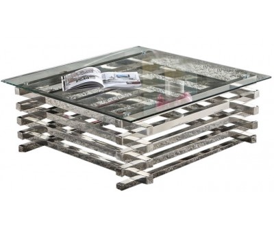 Table basse design acier inoxydable silver plateau en verre au choix carre FAVORI