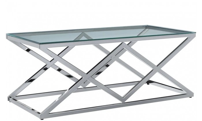 Table basse design acier inoxydable silver plateau en verre carre IDEA