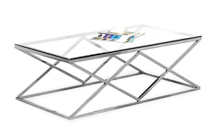 Table basse design acier inoxydable silver plateau en verre rectangulaire IDEA