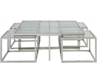 Set de table basse design 5 pieces acier inoxydable silver carre 100cm plateau en verre au choix CASA