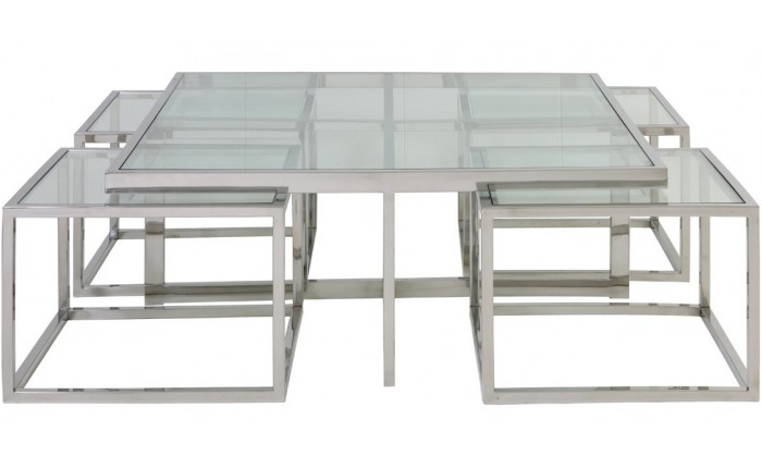 Set de table basse design 5 pieces acier inoxydable silver carre 100cm plateau en verre au choix CASA