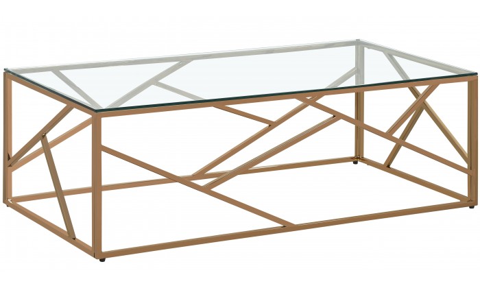 Table basse design acier inoxydable or rose plateau en verre rec. MEDISON