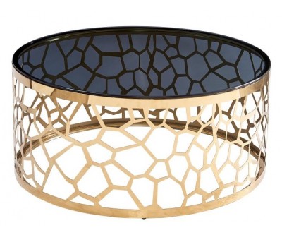 Table basse design acier inoxydable gold rond plateau en verre SAVADORE