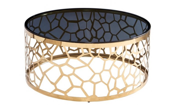 Table basse design acier inoxydable gold rond plateau en verre SAVADORE