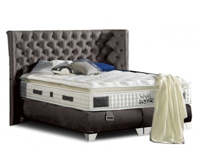 Lit box literie boxspring avec matelas pocket et coffre rangement complete en tissu gris CHARLOTTE