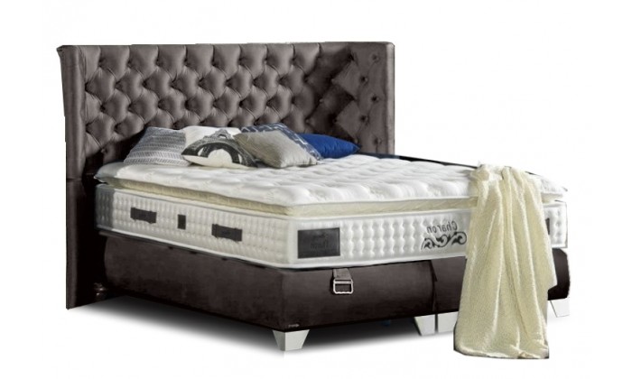 Lit box literie boxspring avec matelas pocket et coffre rangement complete en tissu gris CHARLOTTE