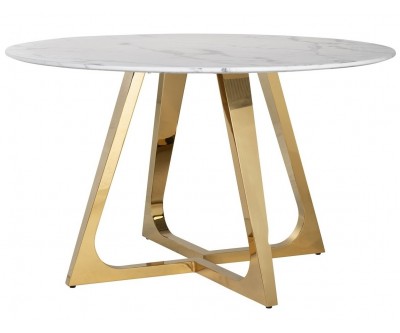Table de salle à manger ultra design rond en acier inoxydable gold poli et marbre blanc MODENA
