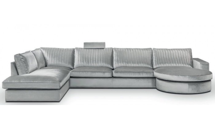 Canapé d’angle en forme de “U” avec une méridienne à gauche ou droit coloris tissu silver MAXIS